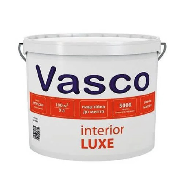 Фарба акрилова інтер'єрна Vasco Luxe біла 9л